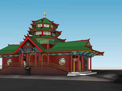 Ancient Chinese Architecture with Green Roof Multi Tiered Structure Red Walls and Traditional Decorations 3d model