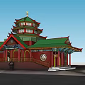 Ancient Chinese Architecture with Green Roof Multi Tiered Structure Red Walls and Traditional Decorations