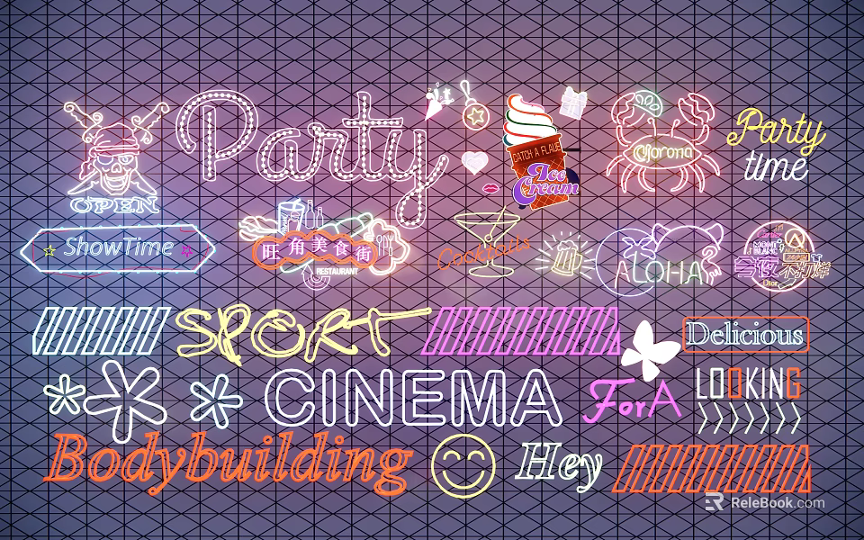 Neon Decorative Lights with Party Cinema Sports Love Delicious Themes 3d model 