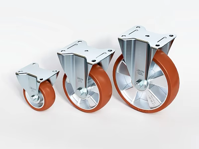 Three Various Sizes Orange Rubber Wheels with Silver Metal Brackets 3d model