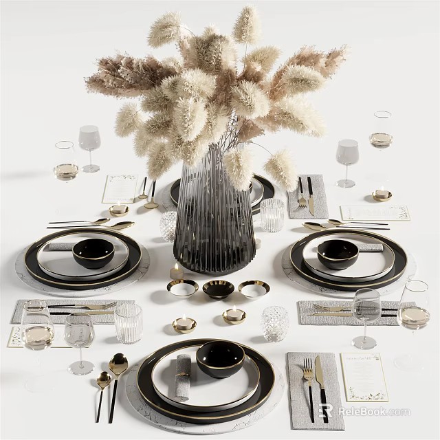 Modern Tableware Set With Black Plates Bowls Transparent Glassware Silver Cutlery And White Floral Arrangement 3d model 