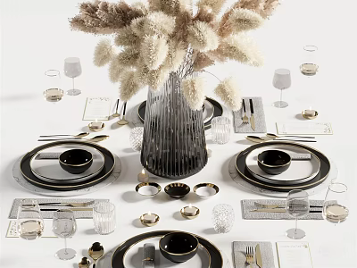 Modern Tableware Set With Black Plates Bowls Transparent Glassware Silver Cutlery And White Floral Arrangement 3d model