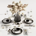 Modern Tableware Set With Black Plates Bowls Transparent Glassware Silver Cutlery And White Floral Arrangement