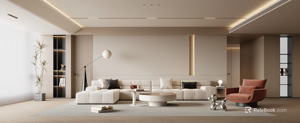 Modern Living Room Interior With White L shaped Sofa Round Coffee Table And Floor Lamp 3d model 