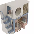 Modern Children's Bunk Bed With Blue Staircase Golden Ladder Upper Bunk Lower Sofa And Pillows