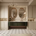 Elegant Bathroom Interior Design With Bathtub Green Cabinets Marble Countertop Arched Door And Chandelier