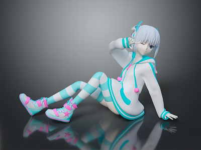 Anime Creature Character With White Hair Turquoise Outfit Striped Socks And Pink Sneakers Sitting Pose 3d model