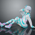 Anime Creature Character With White Hair Turquoise Outfit Striped Socks And Pink Sneakers Sitting Pose