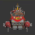 Toy Pirate Ship Model With Red Blue Hull Yellow Crane And Wooden Deck