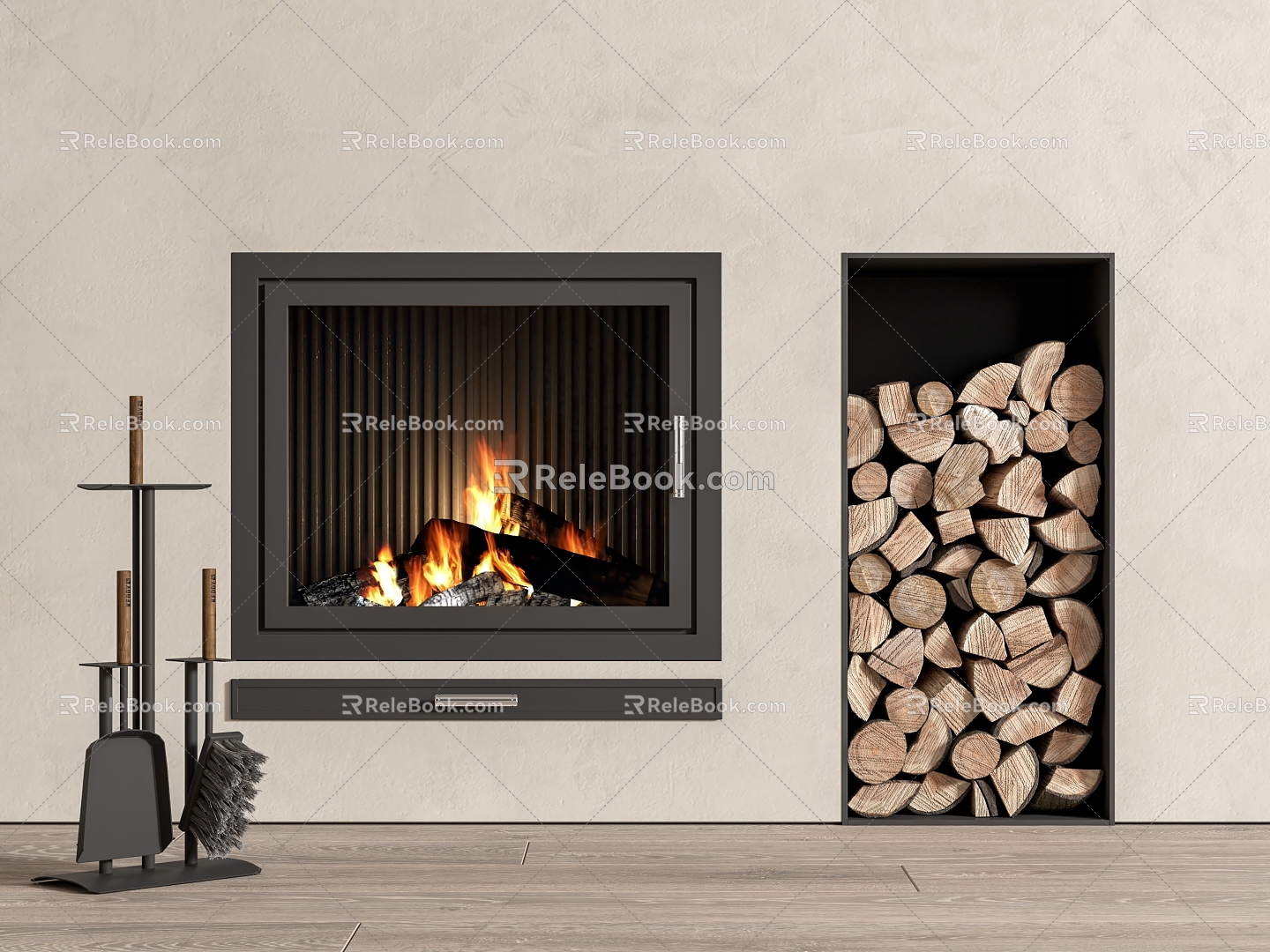 Modern Fireplace Stove Wood Pile 3d model