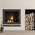 Modern Fireplace With Burning Fire Wood Storage Nook And Fireplace Tools