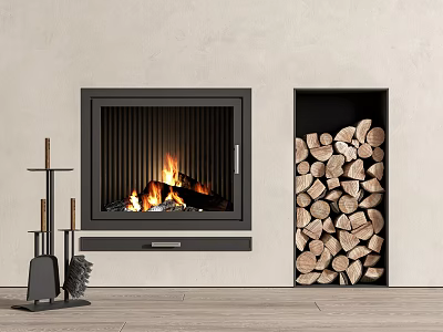 Modern Fireplace With Burning Fire Wood Storage Nook And Fireplace Tools 3d model
