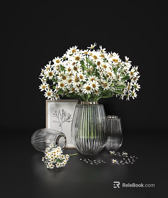 Transparent Glass Vases With White Daisy Flowers And Scattered Petals Decorative 3d model 