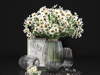 Transparent Glass Vases With White Daisy Flowers And Scattered Petals Decorative 3d model