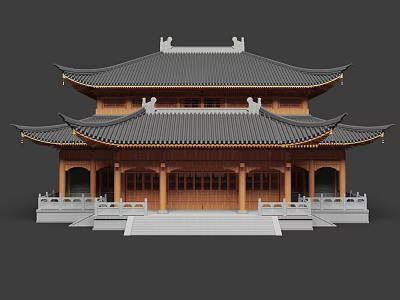 Traditional Chinese Architecture Two Story Structure With Overhanging Eaves Tiled Roof And Wooden Balustrades 3d model