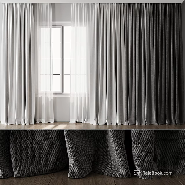 White Gray And Dark Gray Curtains At Window With Natural Light Wooden Windowsill And Chairs 3d model 
