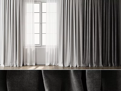 White Gray And Dark Gray Curtains At Window With Natural Light Wooden Windowsill And Chairs 3d model