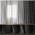 White Gray And Dark Gray Curtains At Window With Natural Light Wooden Windowsill And Chairs