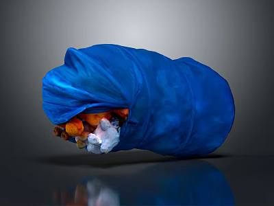 Blue Trash Bag Filled With Various Daily Household Waste Items 3d model