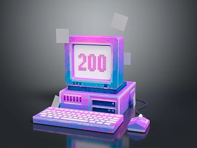 Retro Computer Setup With Pixel 200 Display Keyboard Mouse And Neon Pink Purple Design 3d model