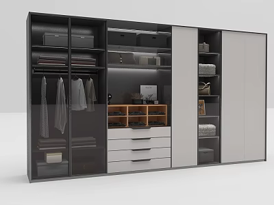 Modern Black And White Wardrobe With Glass Doors Hanging Rods Drawers And Open Shelves 3d model