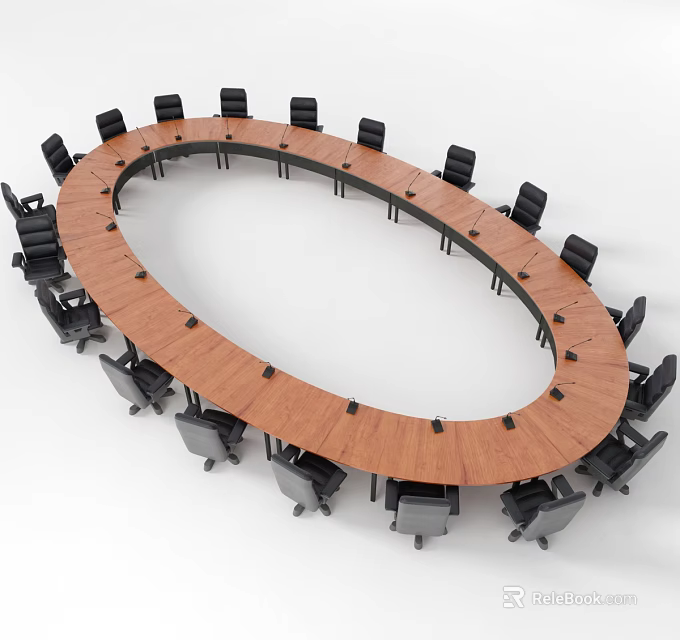 Oval Wooden Conference Table With Black Chairs In Meeting Room Setup 3d model 