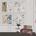 Four Decorative Paintings With Birds And Floral On Beige Wall With Chair And Side Table