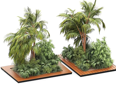 Decorative Tree Planters With Palm Trees Green Plants And Wooden Platforms 3d model