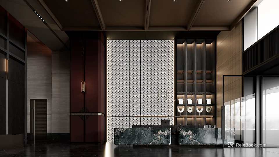 Elegant Modern Hotel Lobby Interior With Marble Reception Desk Patterned Wall And Warm Lighting 3d model