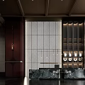 Elegant Modern Hotel Lobby Interior With Marble Reception Desk Patterned Wall And Warm Lighting