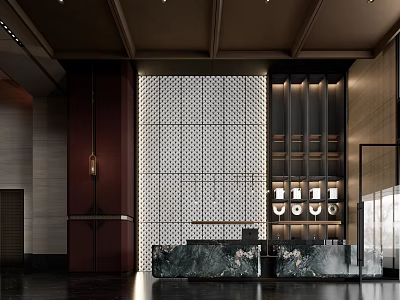 Elegant Modern Hotel Lobby Interior With Marble Reception Desk Patterned Wall And Warm Lighting 3d model