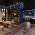 Elegant Modern Restaurant Interior With Dark Wooden Flooring Blue Columns Bookshelves Piano And Chandeliers