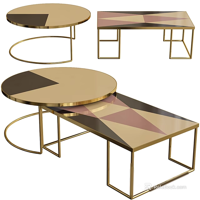 Modern Coffee Table With Gold Frame And Multicolor Geometric Pattern Top Design 3d model 