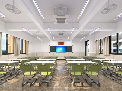 School Classroom With Green Desks Chairs Whiteboard Flag Ceiling Fans Windows And Lighting 3d model