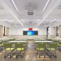 School Classroom With Green Desks Chairs Whiteboard Flag Ceiling Fans Windows And Lighting