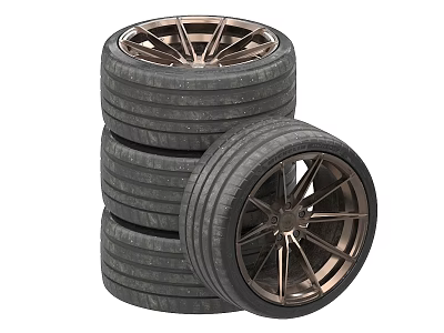 Black Stacked Car Tires With Shiny Bronze Alloy Wheels For Automotive Vehicles 3d model