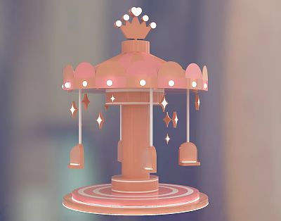 Pink Carousel With Crown Top And Hanging Decorations On Striped Base 3d model