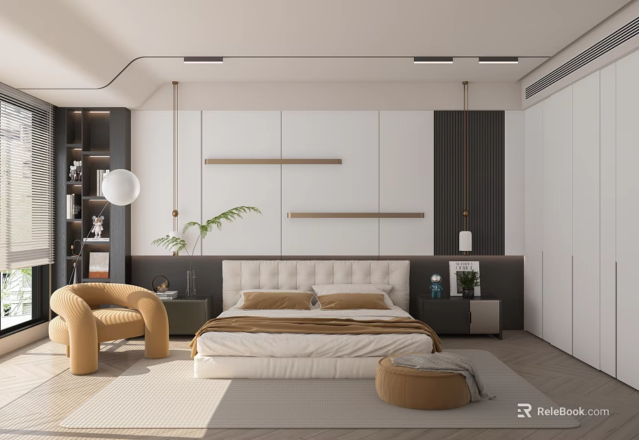 Modern Bedroom Interior Design With Upholstered Headboard Brown Pillows White Wardrobes And Beige Armchair 3d model 