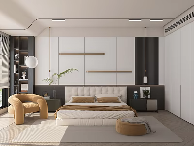 Modern Bedroom Interior Design With Upholstered Headboard Brown Pillows White Wardrobes And Beige Armchair 3d model
