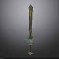 Ornate Decorative Sword Weapon With Gold Accents Green Gem And Wing Shaped Hilt