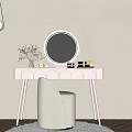 White Dressing Table with Curved Design Round Mirror Flower Vase and Cosmetics in Warm Sunlight