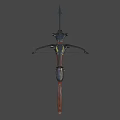 Ornate Skull Decorated Crossbow Featuring Golden Accent Red Blood Black Body Wooden Parts