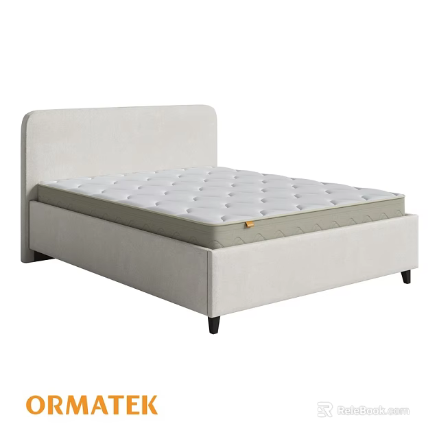 Double Bed with Beige Frame Simple Design Mattress Diamond Stitching and Black Legs 3d model 