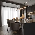 Modern Restaurant Interior Featuring Dark Dining Table Chairs Cabinets And Ambient Lighting 3d model