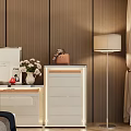 Elegant Modern Decorative Cabinet With Glass Top White Drawers And Fresh Flowers Photo Frame Lamp