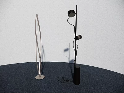 Modern White Curved And Black Floor Lamps With Cylindrical Base On Dark Floor 3d model