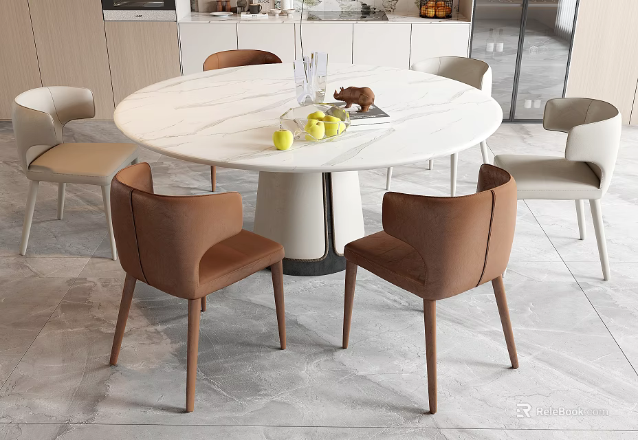 Modern Round Marble Top Dining Table With White Pedestal Base And Four Brown Upholstered Chairs 3d model 