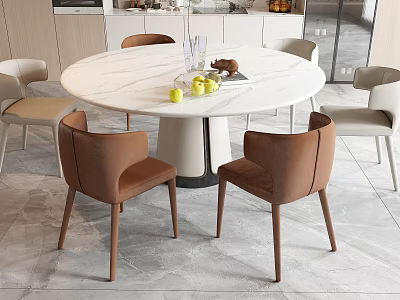 Modern Round Marble Top Dining Table With White Pedestal Base And Four Brown Upholstered Chairs 3d model