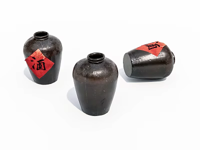 Three Dark Brown Ceramic Vessels Featuring Red Labels With Chinese Jiu Character On White Background 3d model