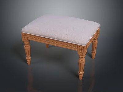 Wooden Stool With Upholstered Light Colored Fabric Seat And Carved Legs 3d model
